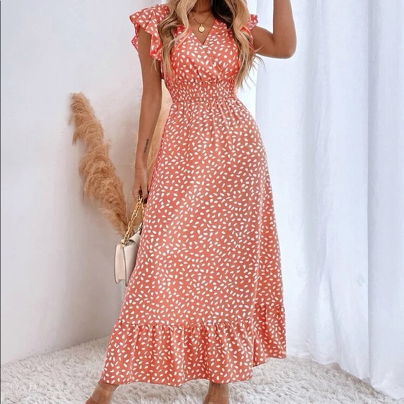 Dresses & Skirts - Dots ruffle trim shirred waist maxi dress